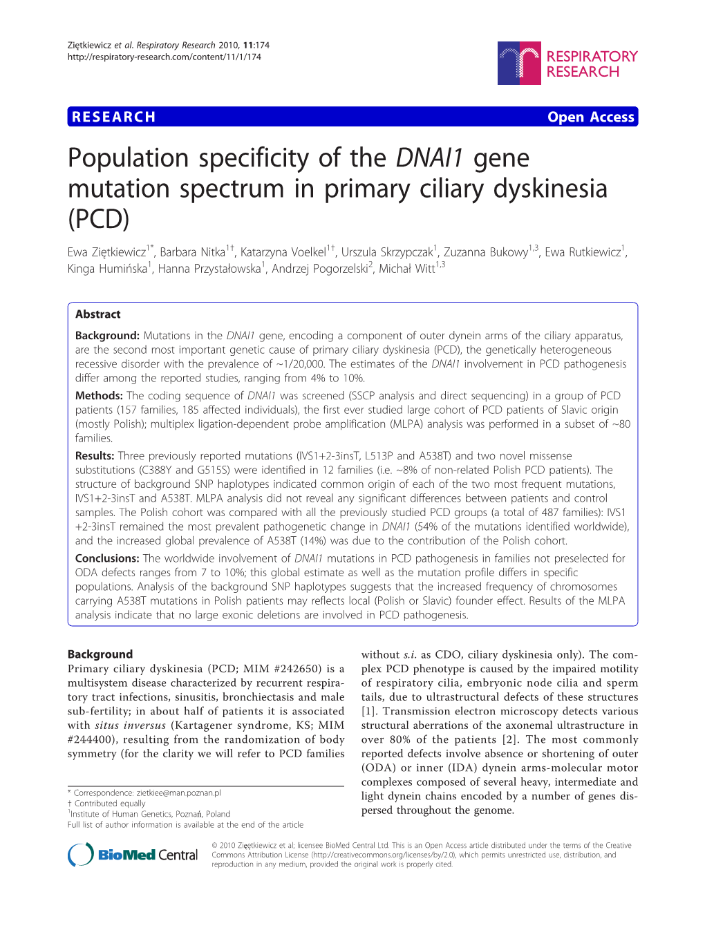 Population Specificity of the DNAI1 Gene Mutation