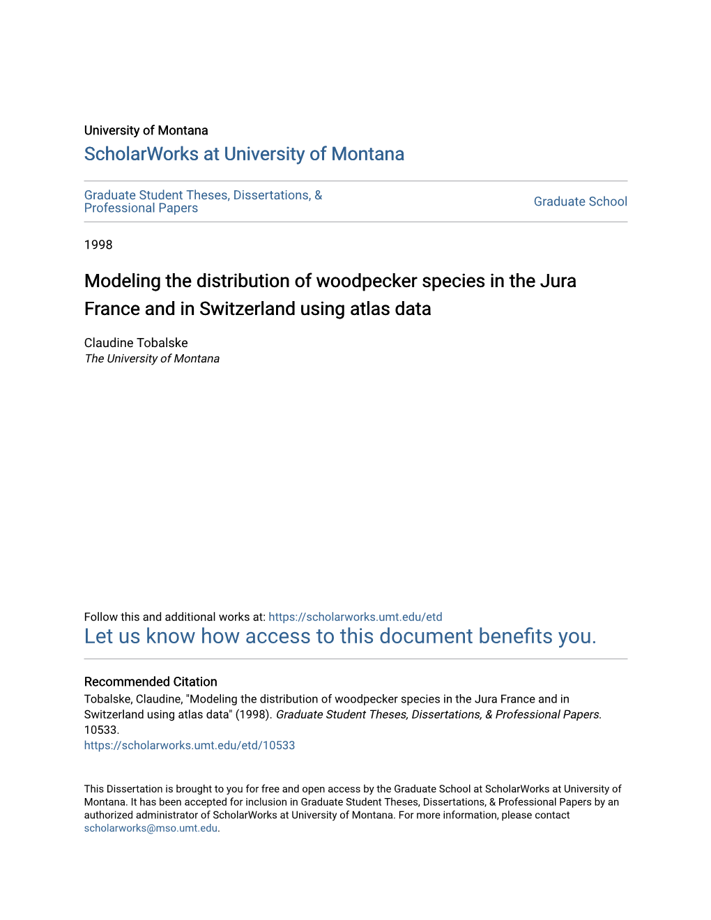 Modeling the Distribution of Woodpecker Species in the Jura France and in Switzerland Using Atlas Data