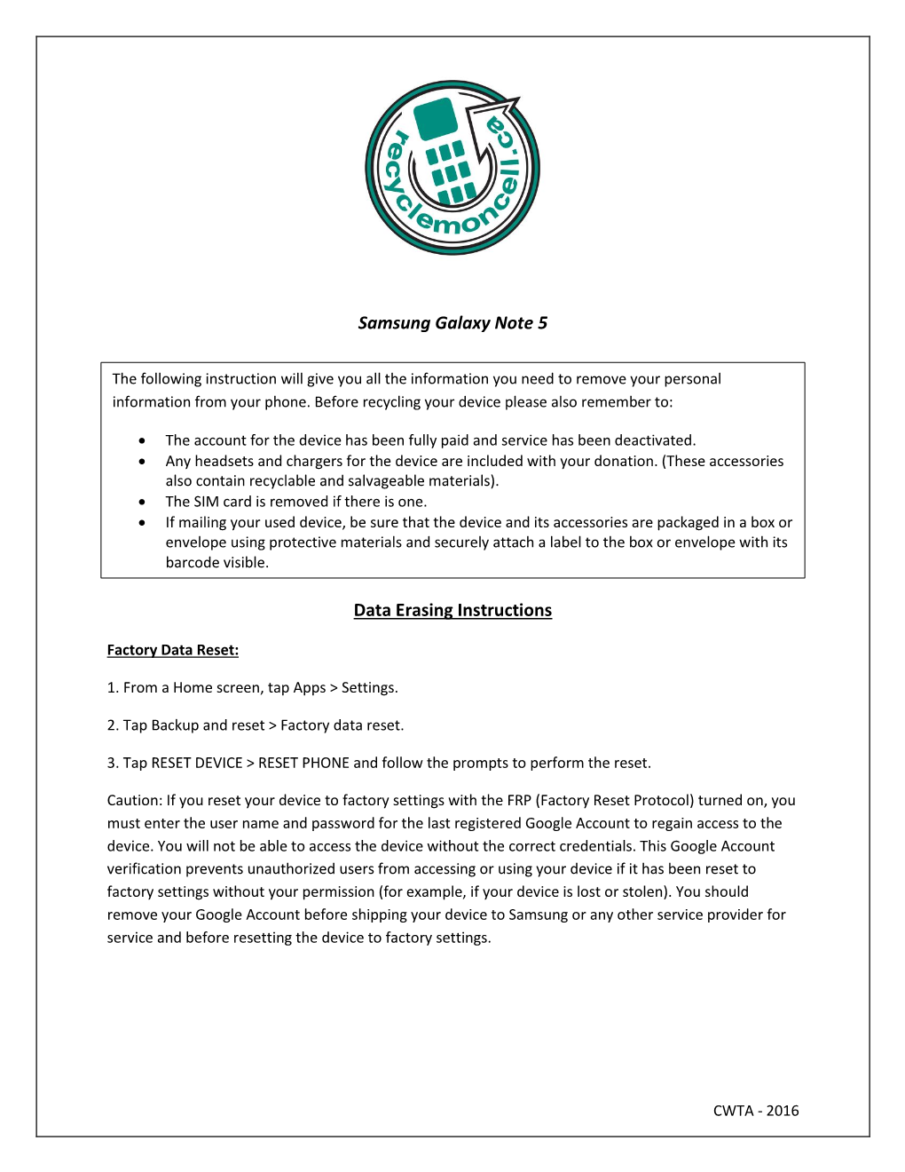 Samsung Galaxy Note 5 Data Erasing Instructions