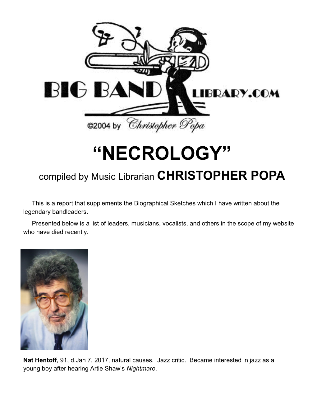 “NECROLOGY” Compiled by Music Librarian CHRISTOPHER POPA