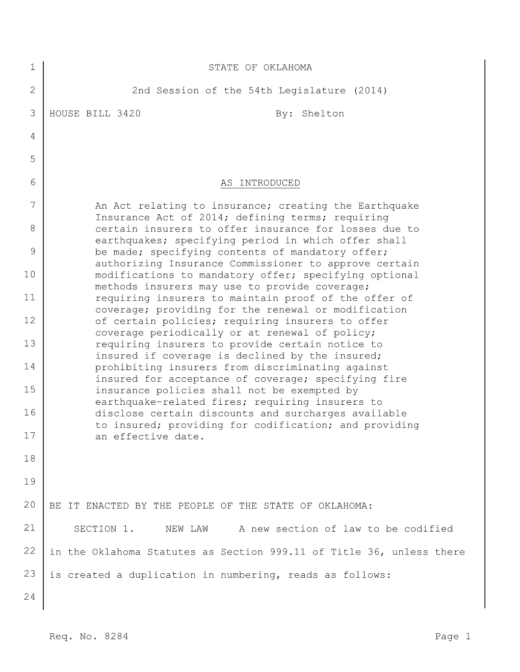 Short Title: Insurance; Creating the Earthquake Insurance Act of 2012