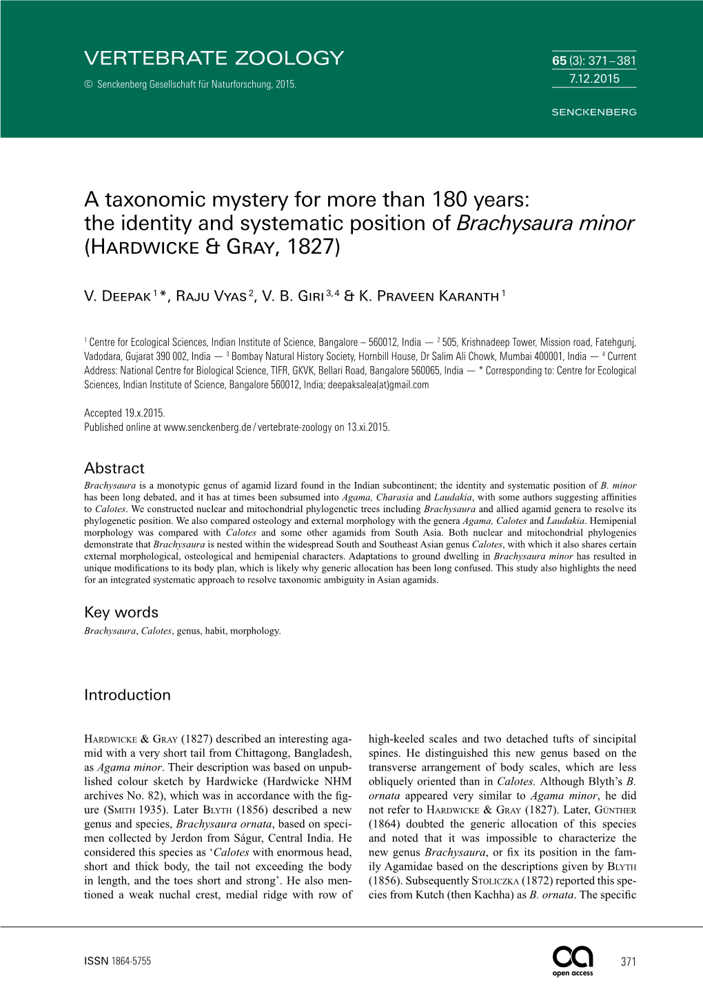 The Identity and Systematic Position of Brachysaura Minor (Hardwicke & Gray, 1827)