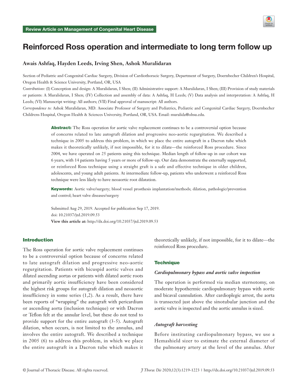 Reinforced Ross Operation and Intermediate to Long Term Follow Up