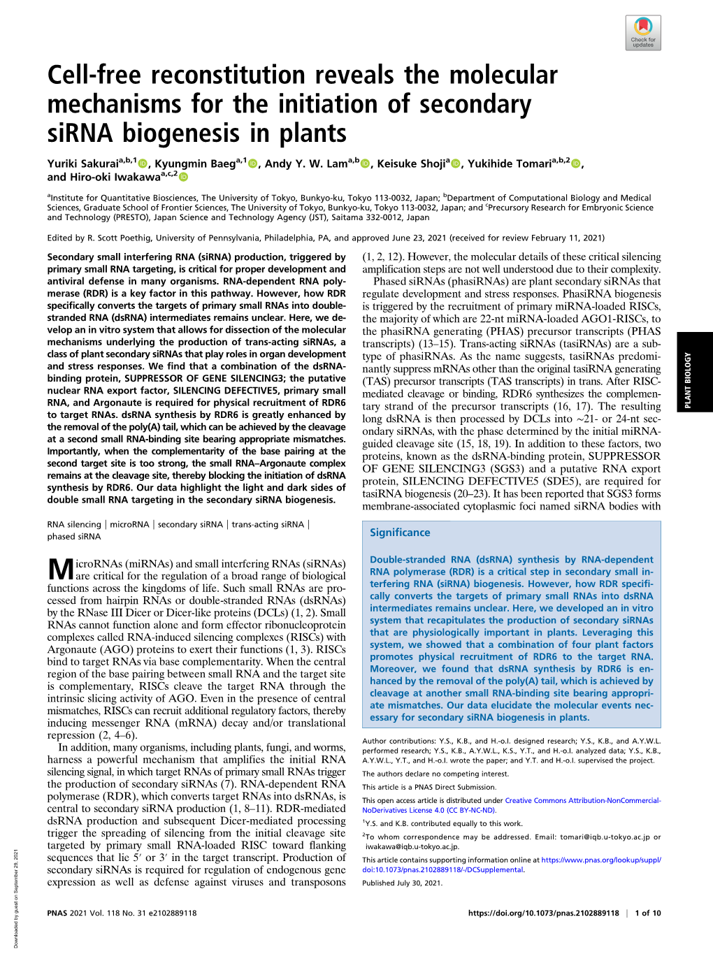 Cell-Free Reconstitution Reveals the Molecular Mechanisms for the Initiation of Secondary Sirna Biogenesis in Plants