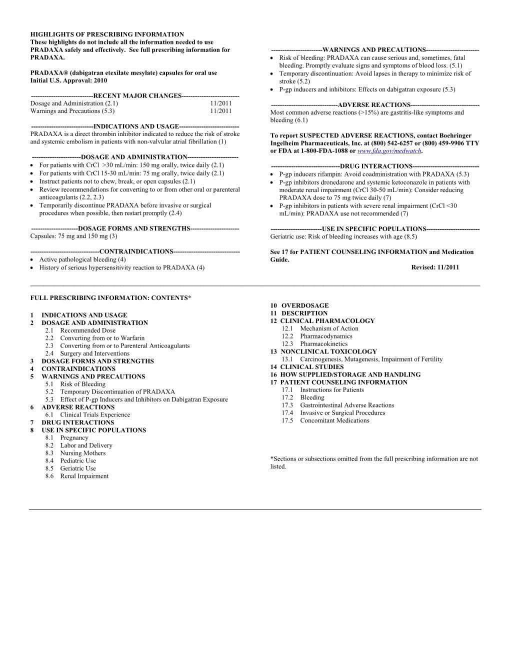 PRADAXA (Dabigatran Etexilate Mesylate)