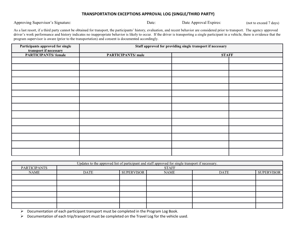 Transportation Exceptions Approval Log (Single/Third Party)