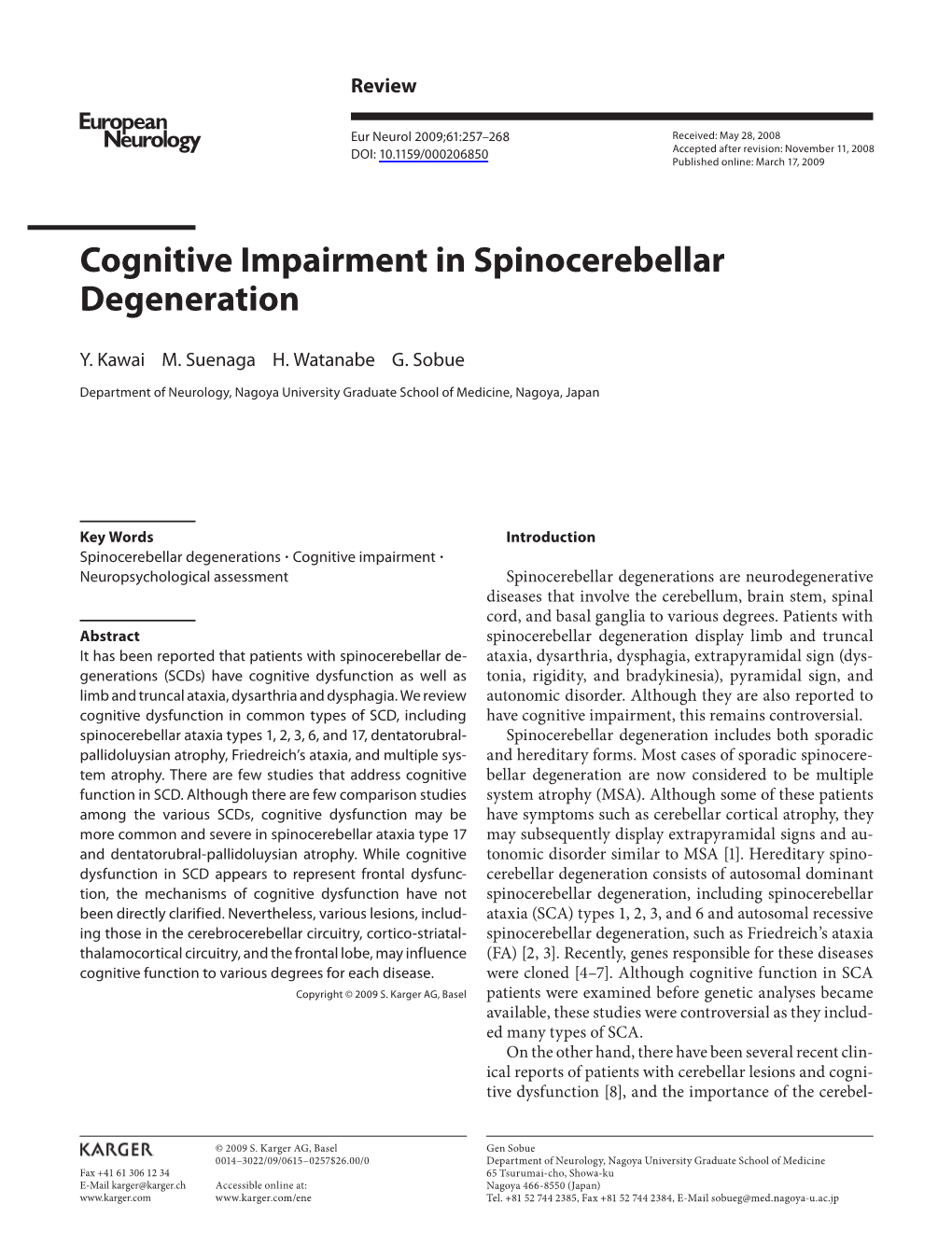 Cognitive Impairment in Spinocerebellar Degeneration