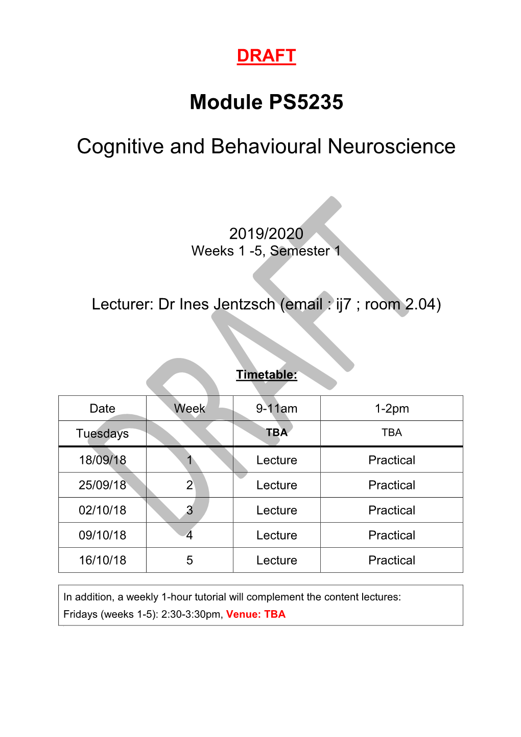 PS5235 Cognitive and Behavioural Neuroscience