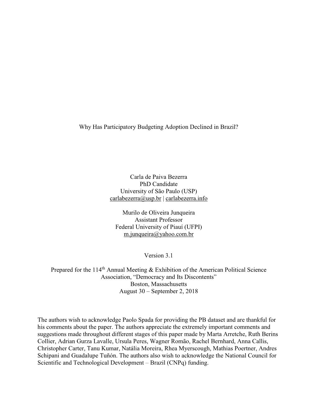 Why Has Participatory Budgeting Adoption Declined in Brazil?