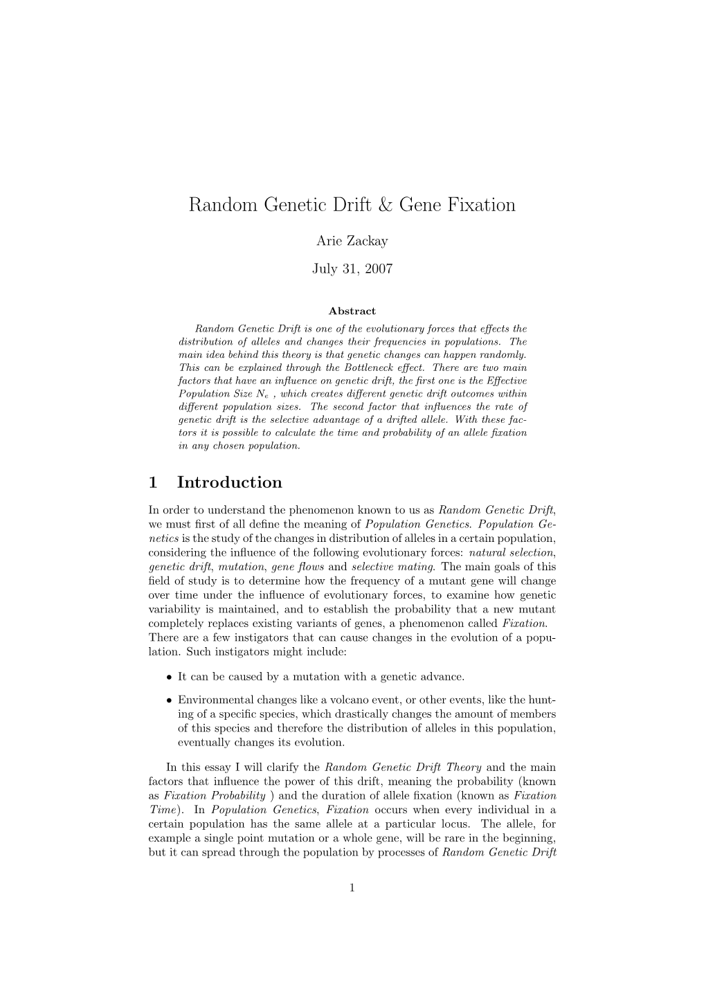 Random Genetic Drift & Gene Fixation