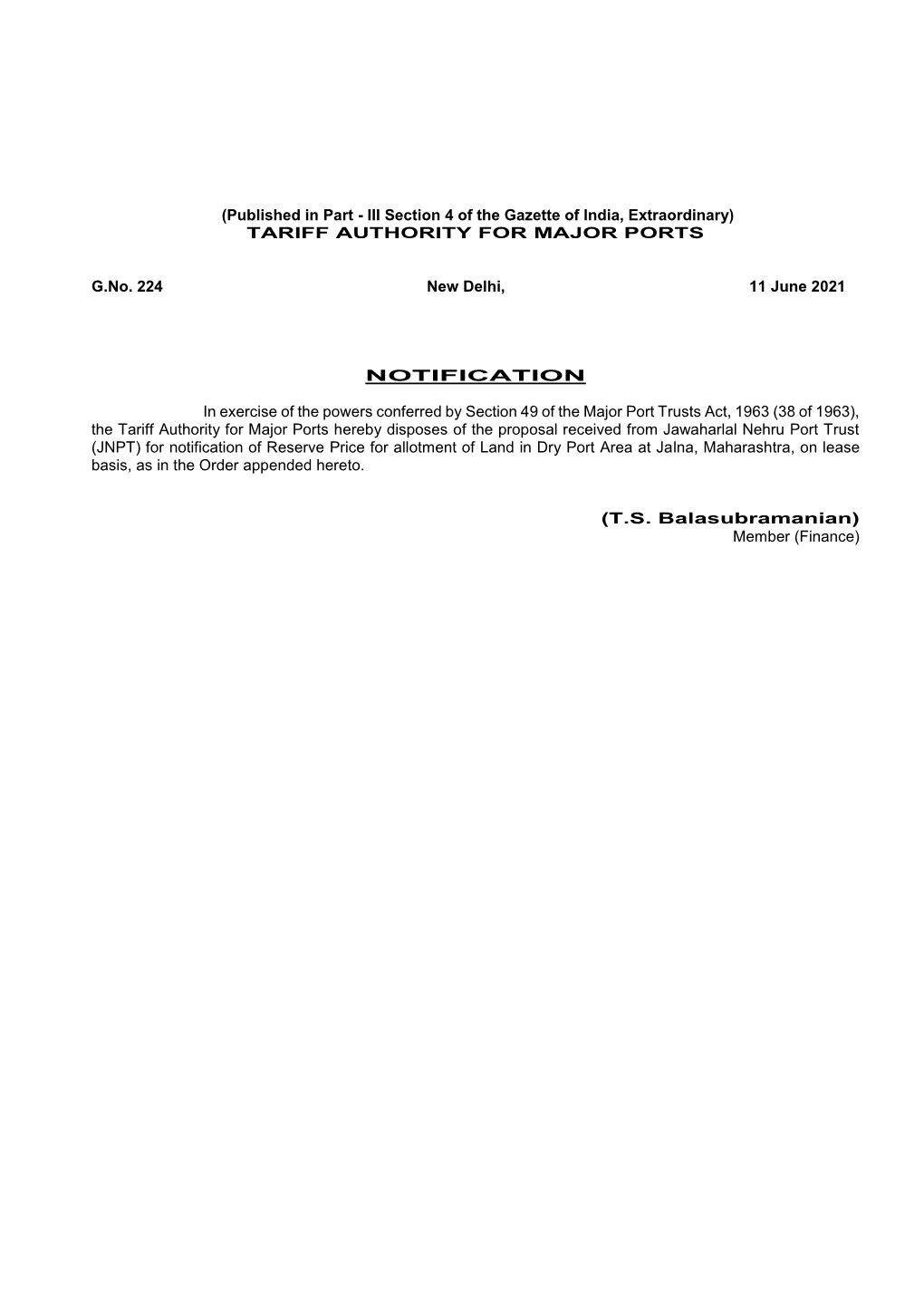 JNPT) for Notification of Reserve Price for Allotment of Land in Dry Port Area at Jalna, Maharashtra, on Lease Basis, As in the Order Appended Hereto
