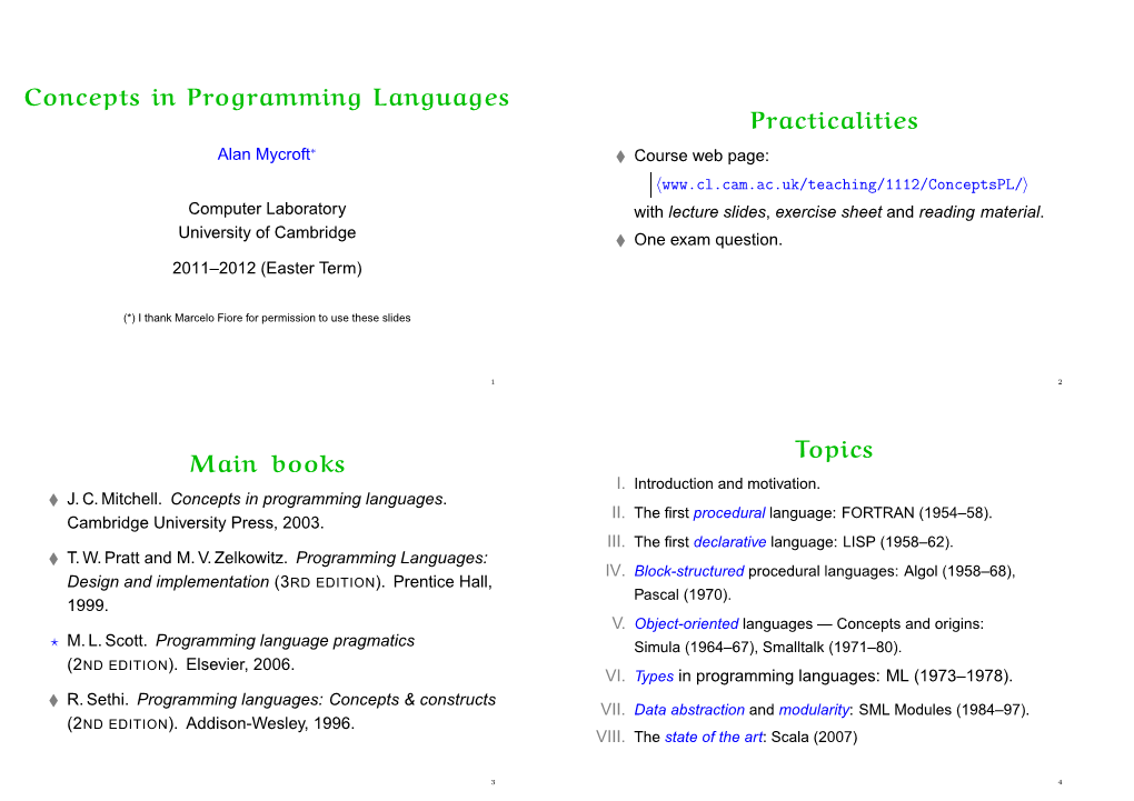 Concepts in Programming Languages Practicalities Main Books