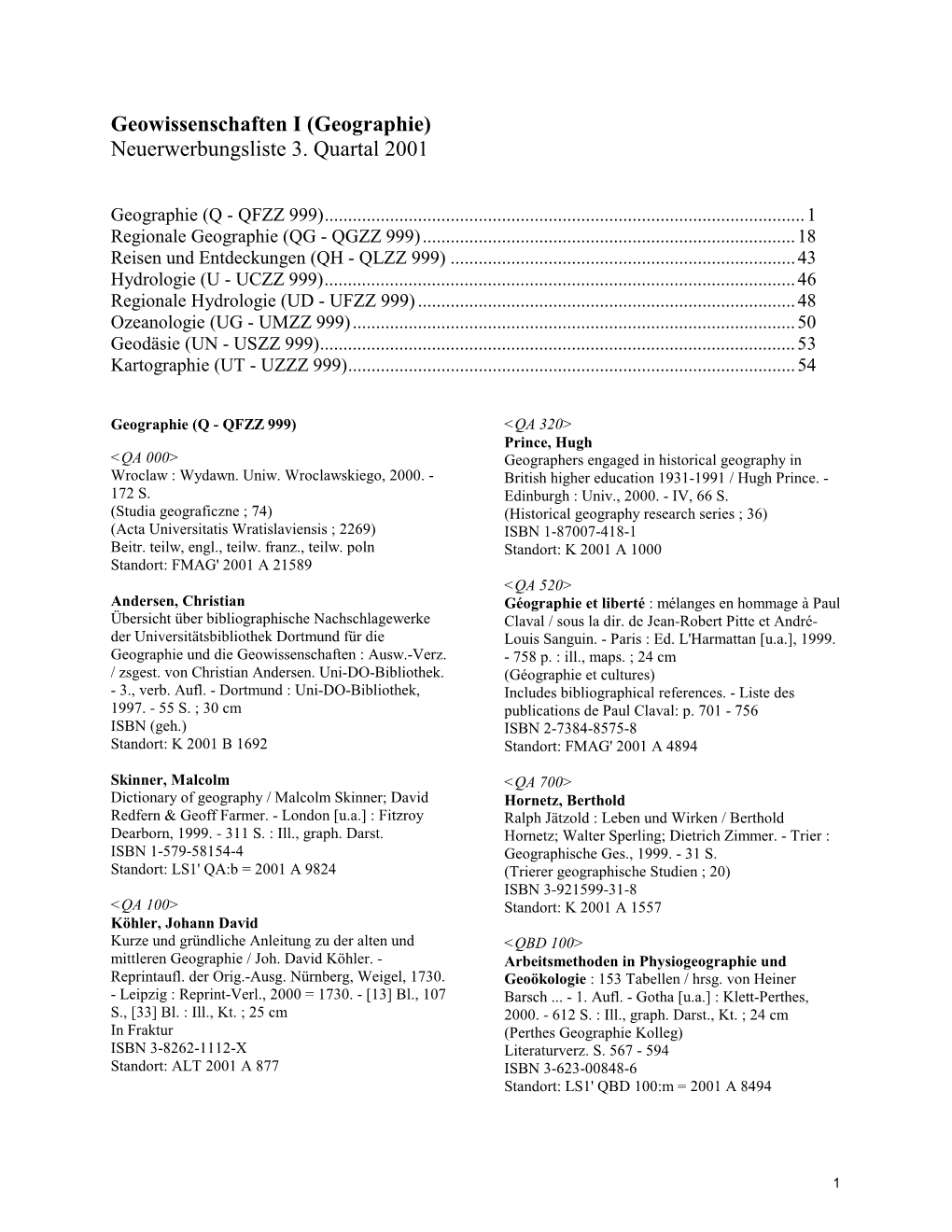 Geowissenschaften I (Geographie) Neuerwerbungsliste 3