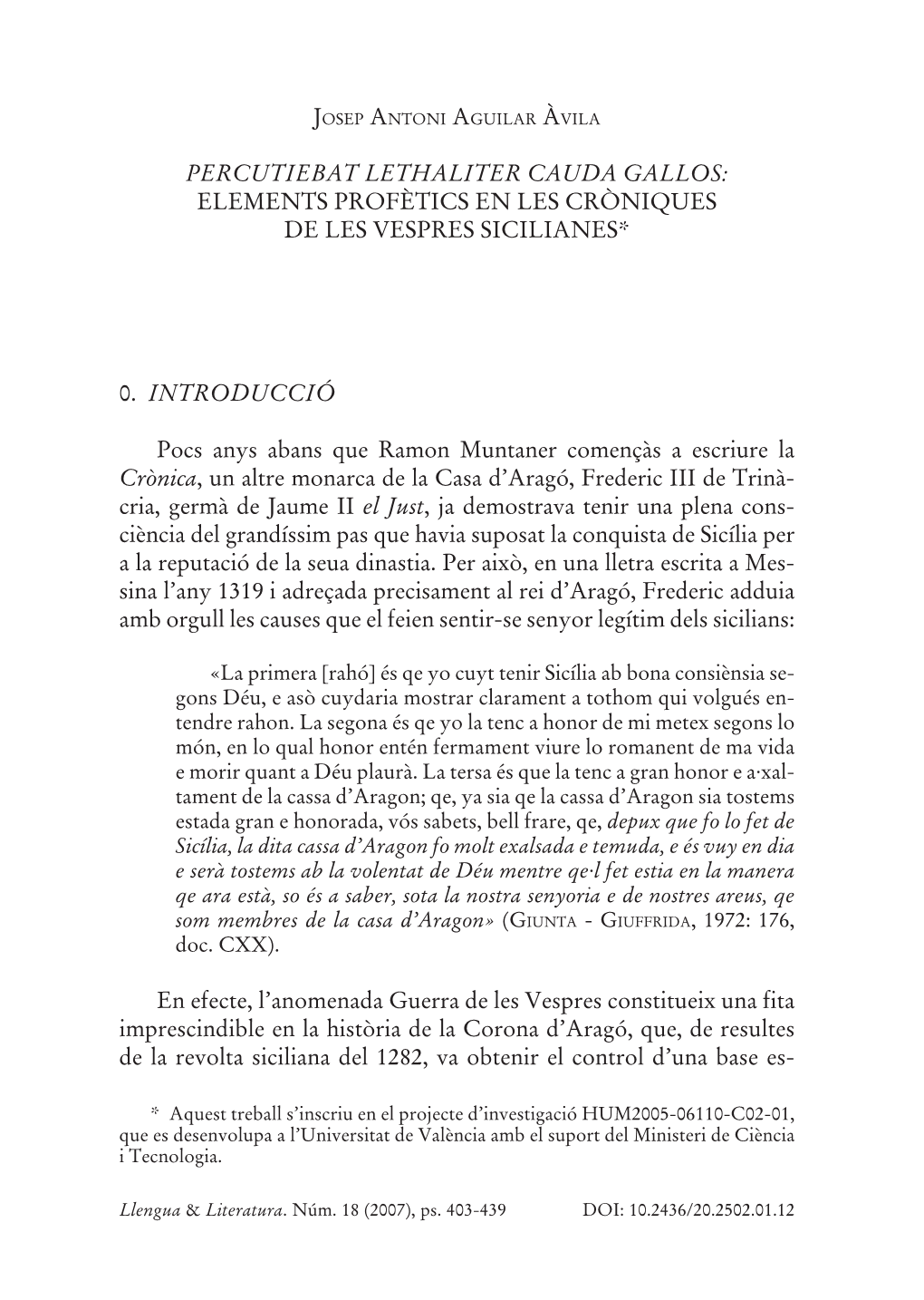 Percutiebat Lethaliter Cauda Gallos: Elements Profètics En Les Cròniques De Les Vespres Sicilianes*