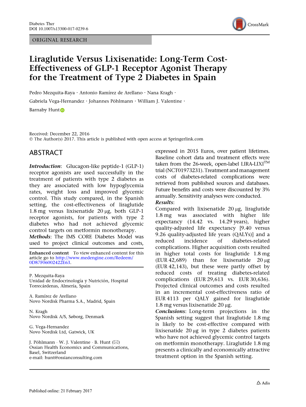 Liraglutide Versus Lixisenatide: Long-Term Cost- Effectiveness of GLP-1 Receptor Agonist Therapy for the Treatment of Type 2 Diabetes in Spain