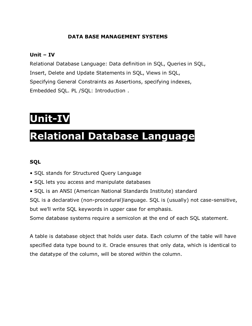 Unit-IV Relational Database Language