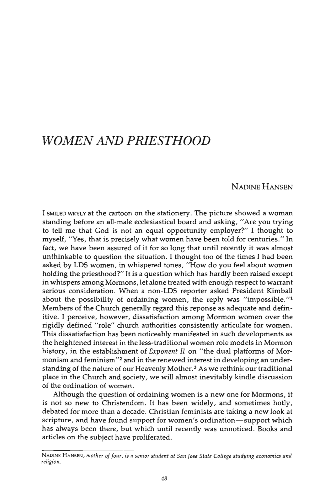 Nadine Hansen's “Women and Priesthood,”