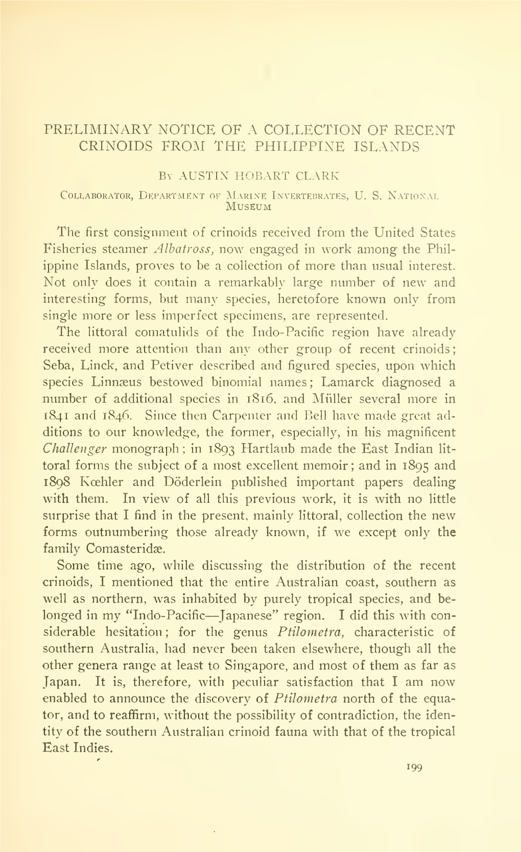 Preliminary Notice of a Collection of Recent Crinoids Froai the Philippine Islands