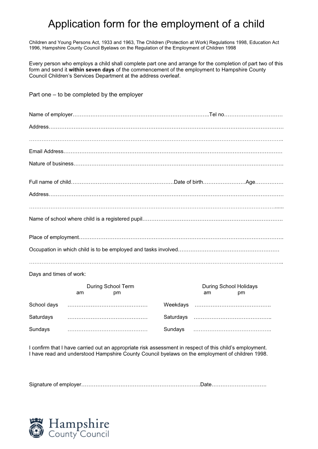 Application Form for the Employment of a Child