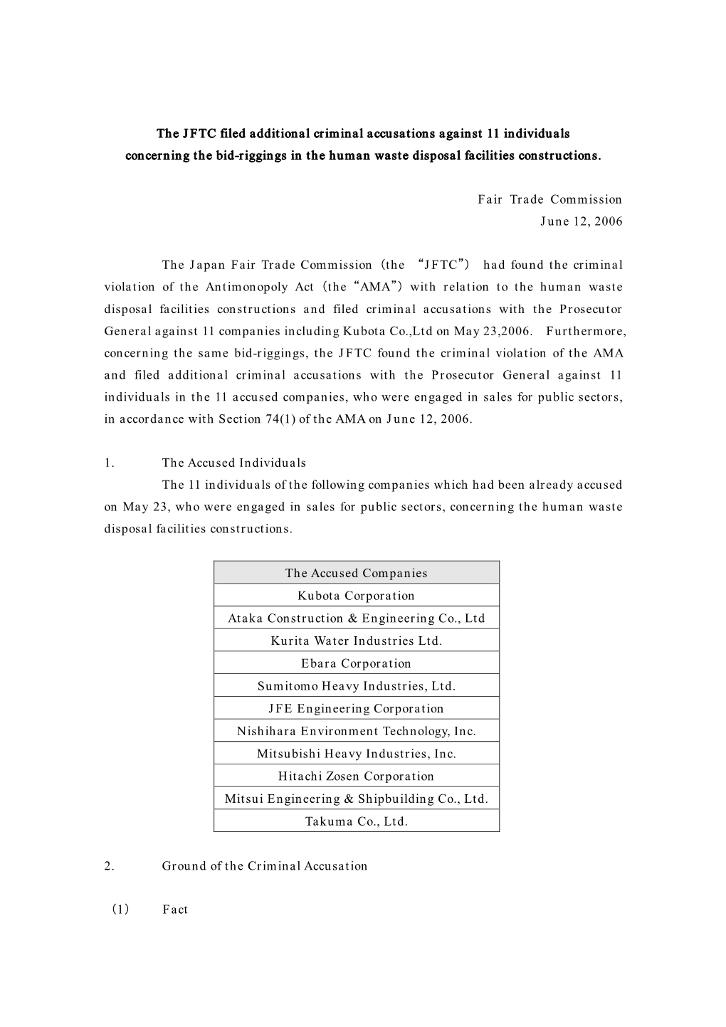 The JFTC Filed Additional Criminal Accusations Against 11 Individuals Concerning the Bid-Riggings in the Human Waste Disposal Facilities Constructions