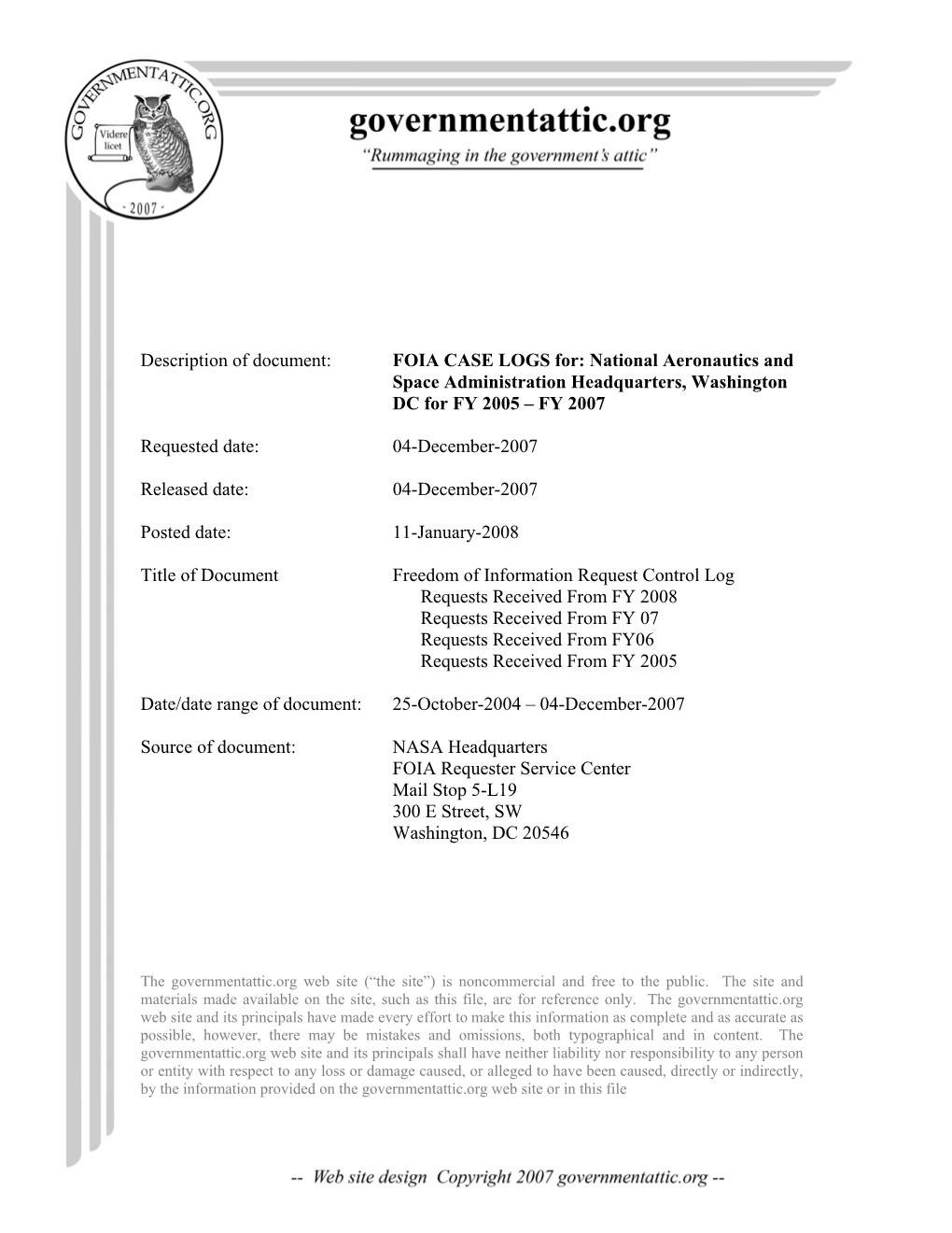 FOIA Logs For: NASA Headquarters for FY 2005