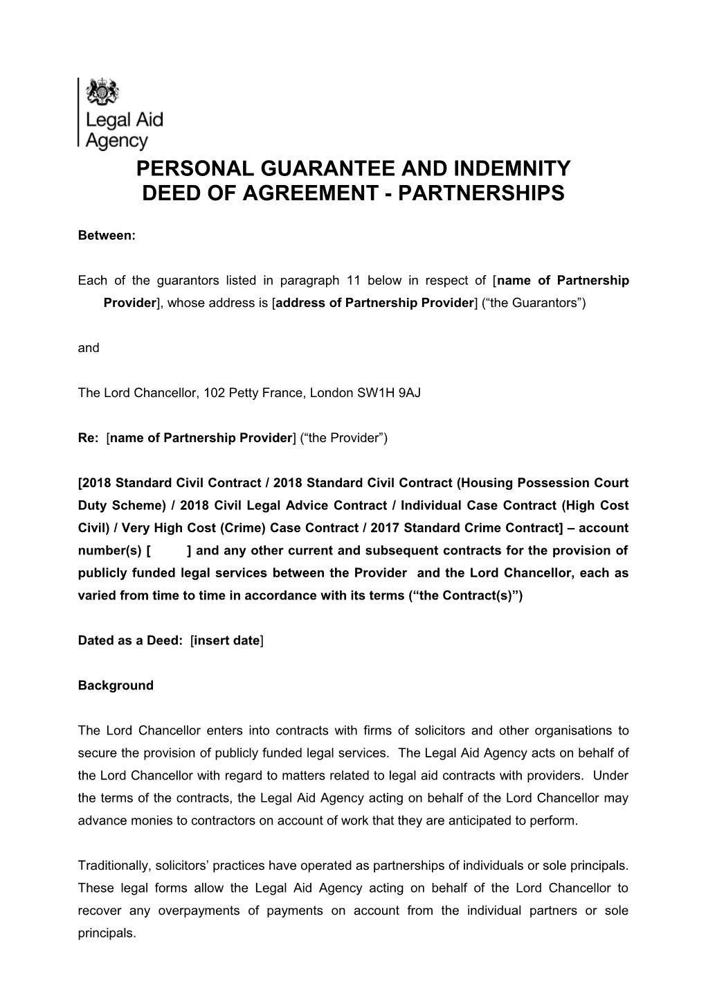 Personal Guarantee and Indemnity