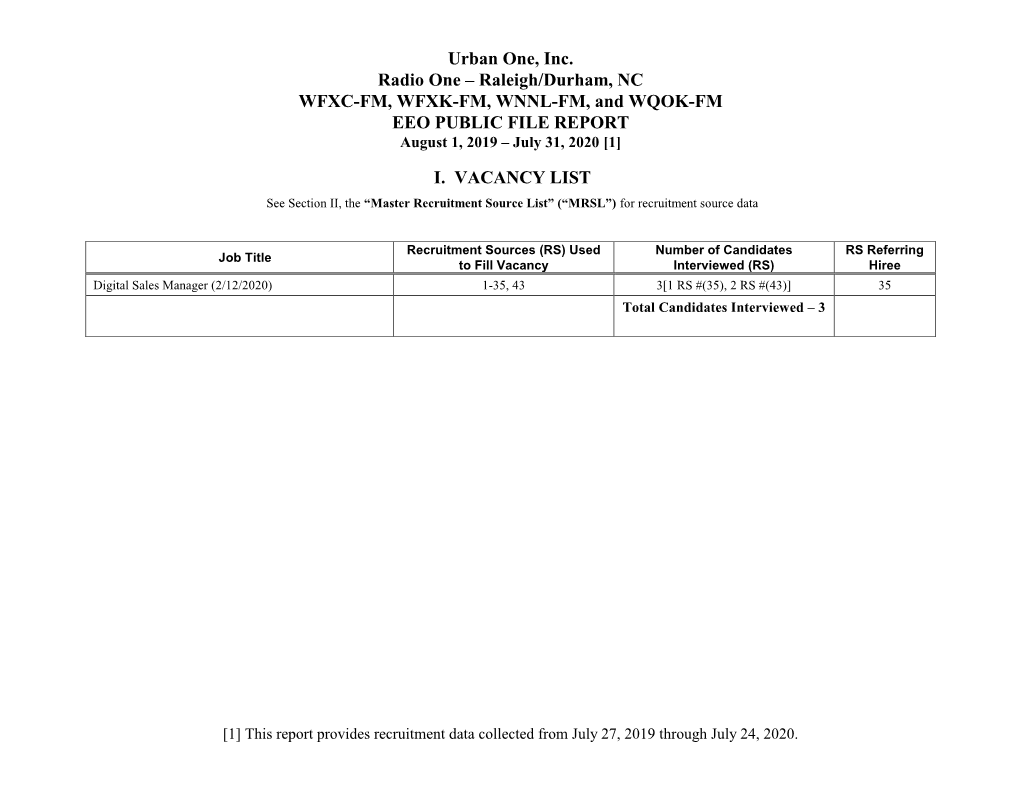 Urban One, Inc. Radio One – Raleigh/Durham, NC WFXC-FM, WFXK-FM, WNNL-FM, and WQOK-FM EEO PUBLIC FILE REPORT August 1, 2019 – July 31, 2020 [1]