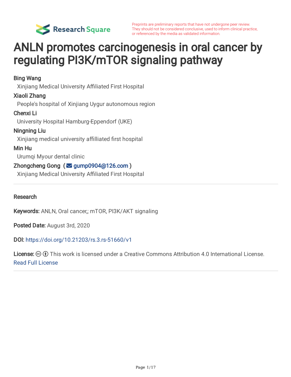 ANLN Promotes Carcinogenesis in Oral Cancer by Regulating PI3K/Mtor Signaling Pathway