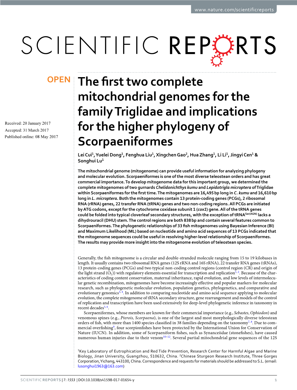 The First Two Complete Mitochondrial Genomes for the Family Triglidae