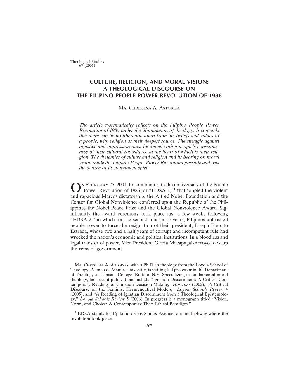 Culture, Religion, and Moral Vision: a Theological Discourse on the Filipino People Power Revolution of 1986