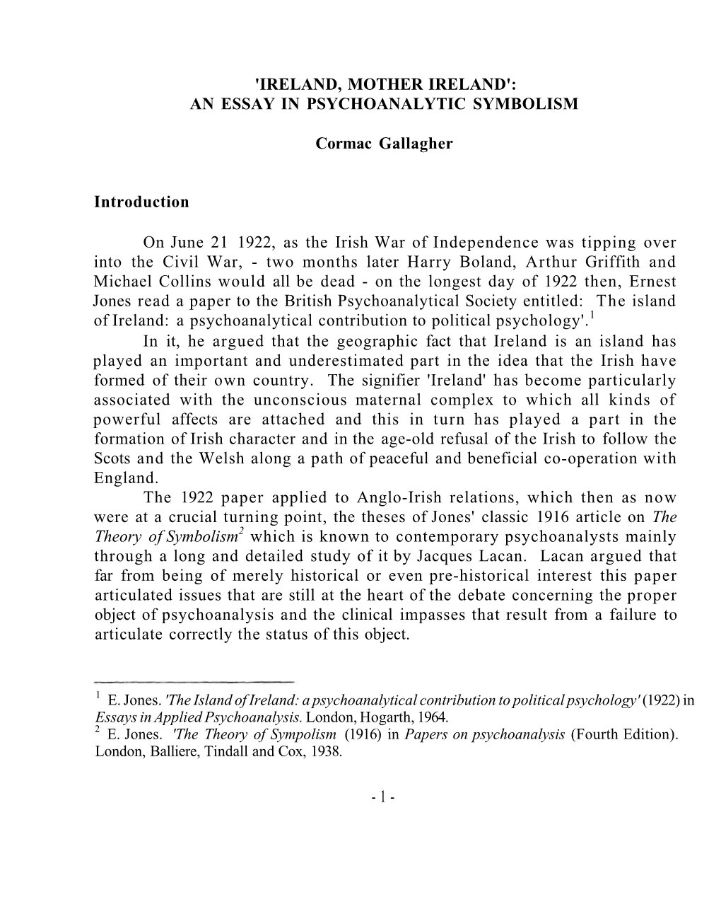 Ireland, Mother Ireland': an Essay in Psychoanalytic Symbolism