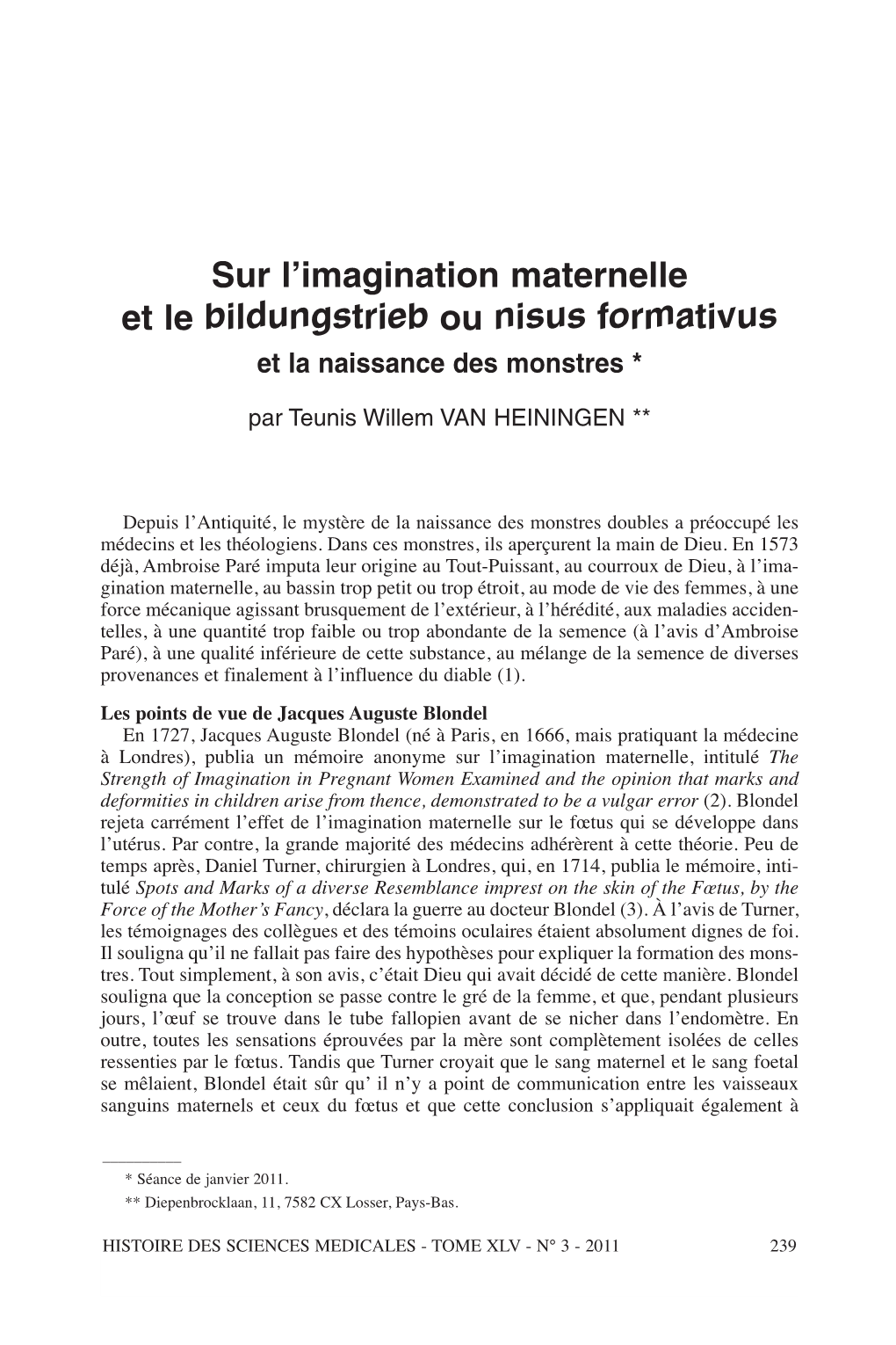 Sur L'imagination Maternelle Et Le Bildungstrieb Ou Nisus Formativus