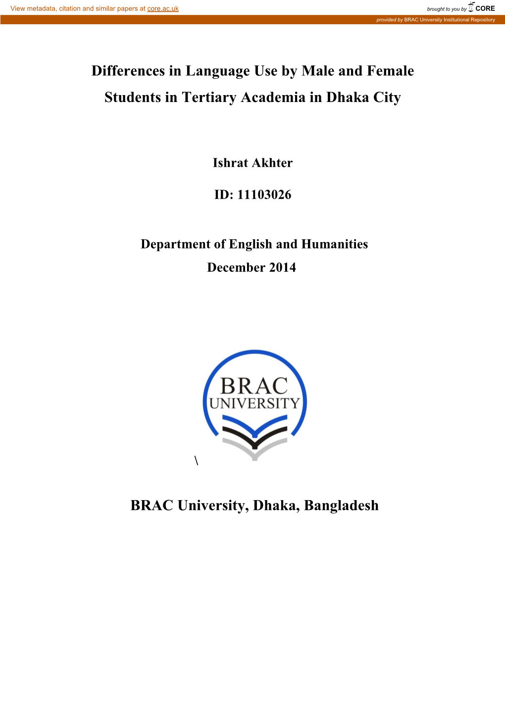 Differences in Language Use by Male and Female Students in Tertiary Academia in Dhaka City