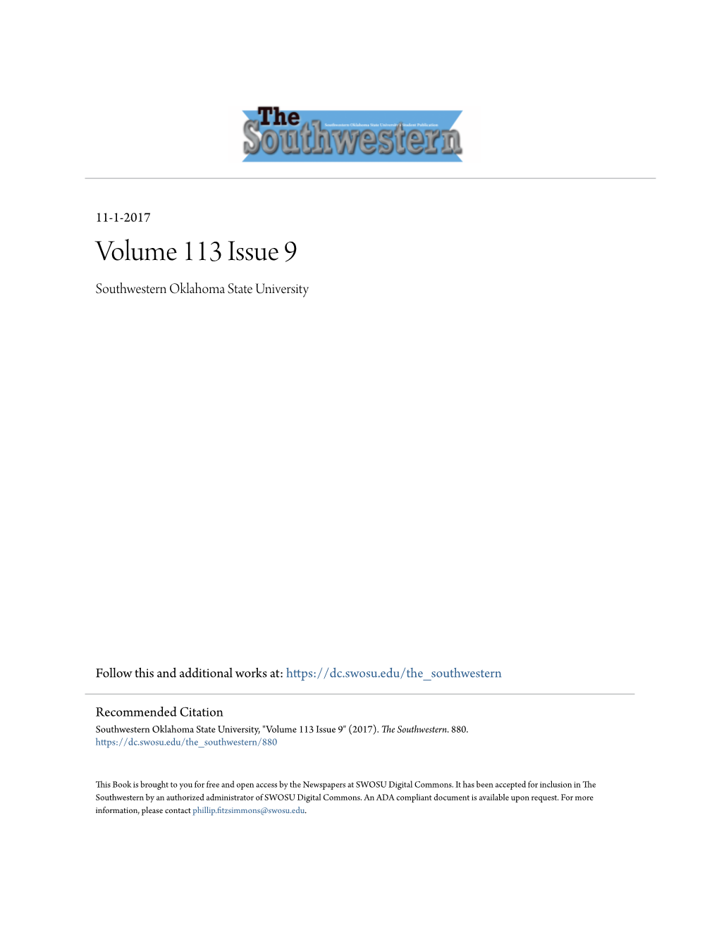 Volume 113 Issue 9 Southwestern Oklahoma State University