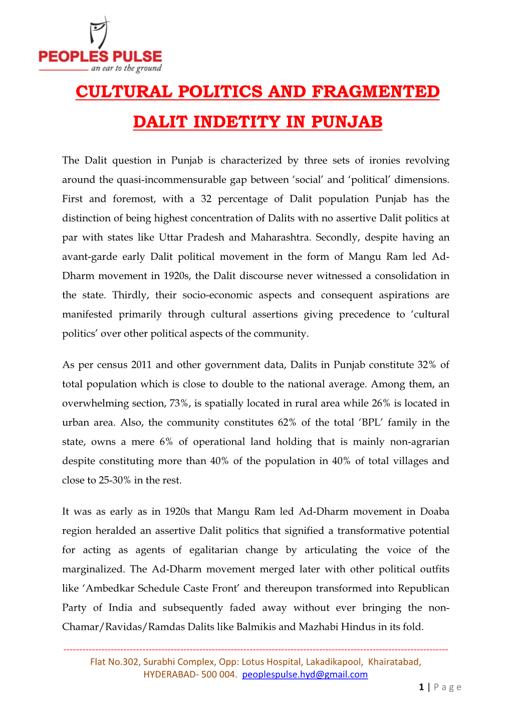 Cultural Politics and Fragmented Dalit Indetity in Punjab