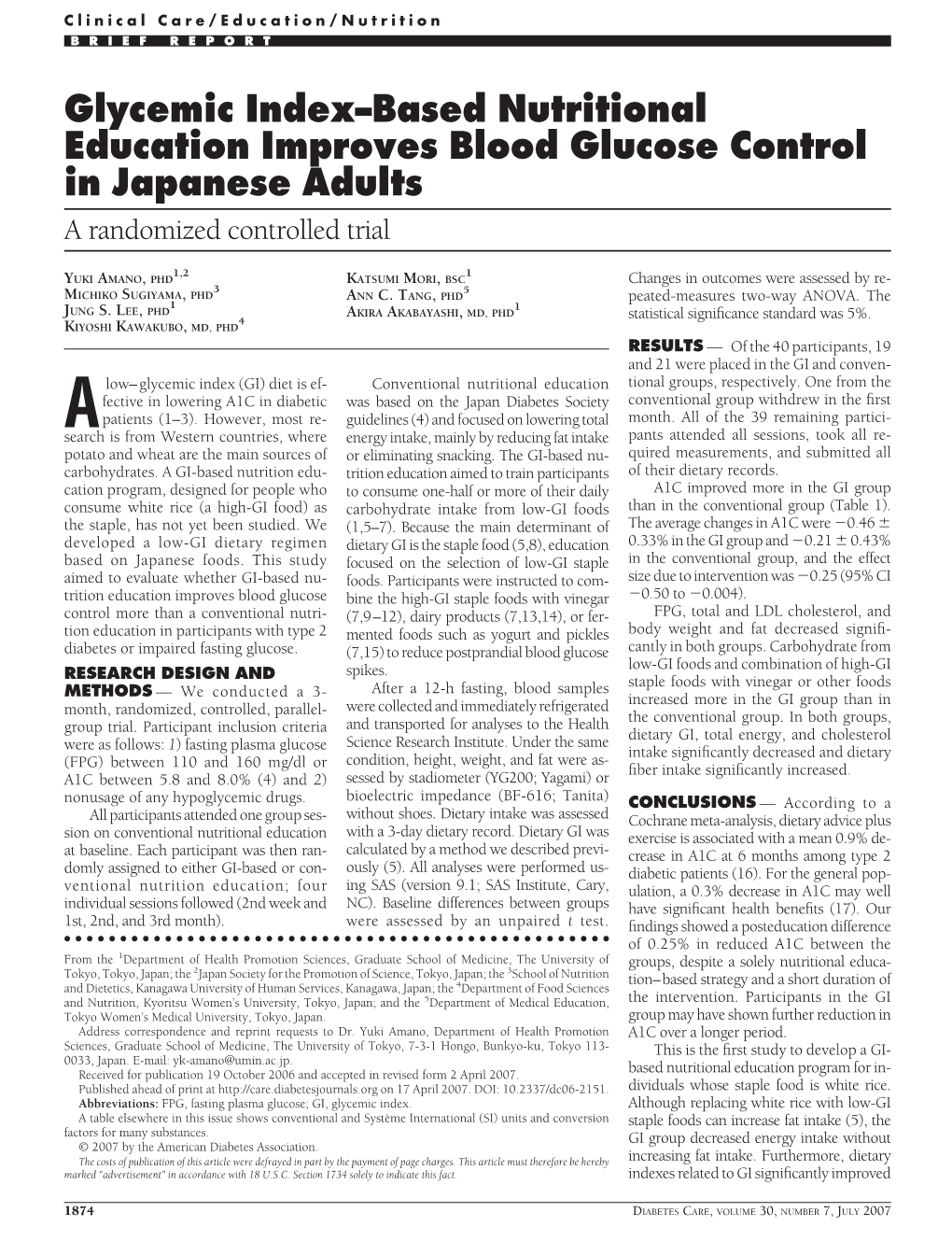 Glycemic Index–Based Nutritional Education Improves Blood Glucose Control in Japanese Adults a Randomized Controlled Trial