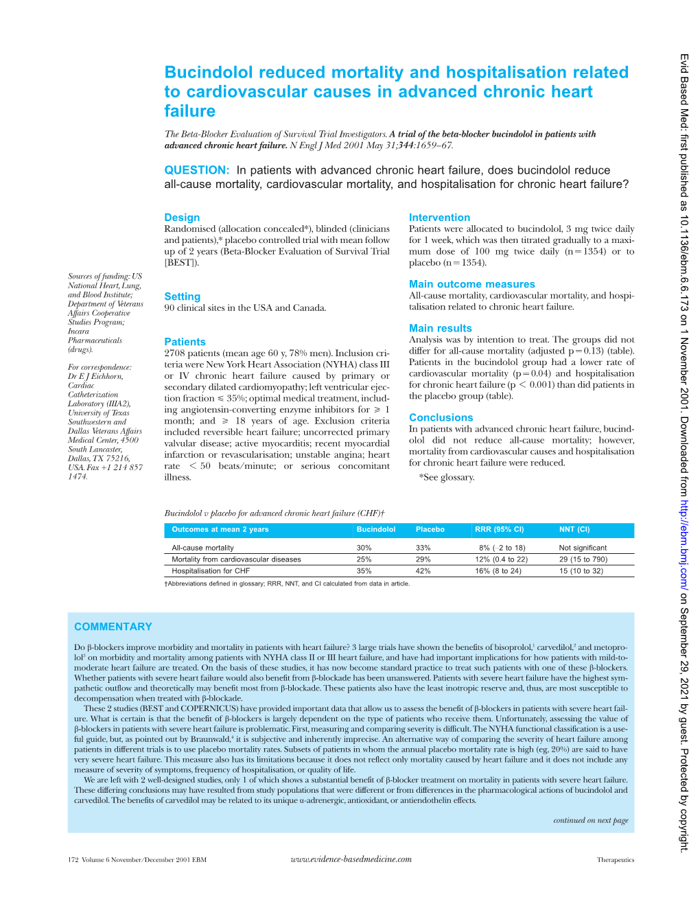 Bucindolol Reduced Mortality and Hospitalisation Related to Cardiovascular Causes in Advanced Chronic Heart Failure