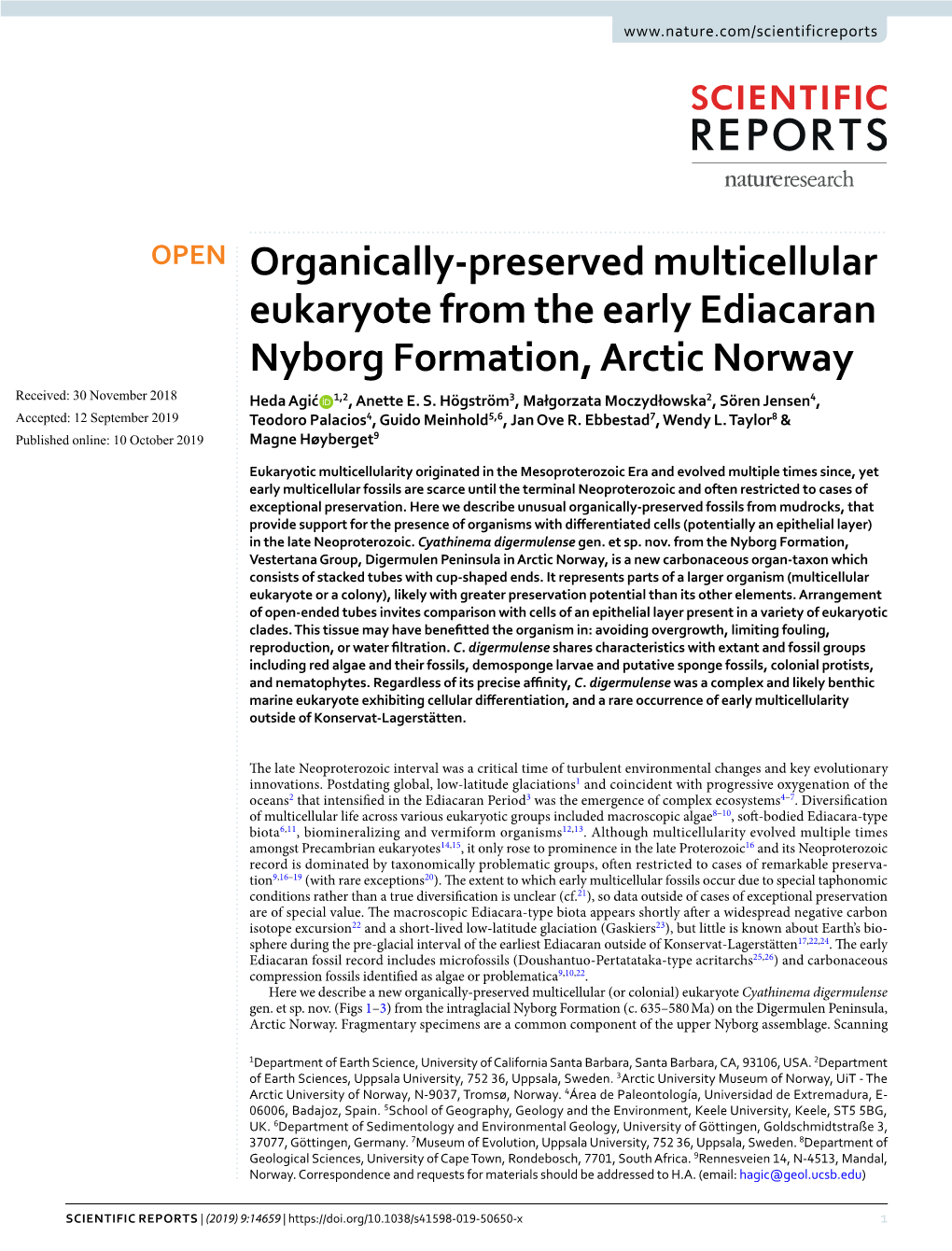 Organically-Preserved Multicellular Eukaryote from the Early Ediacaran Nyborg Formation, Arctic Norway Received: 30 November 2018 Heda Agić 1,2, Anette E