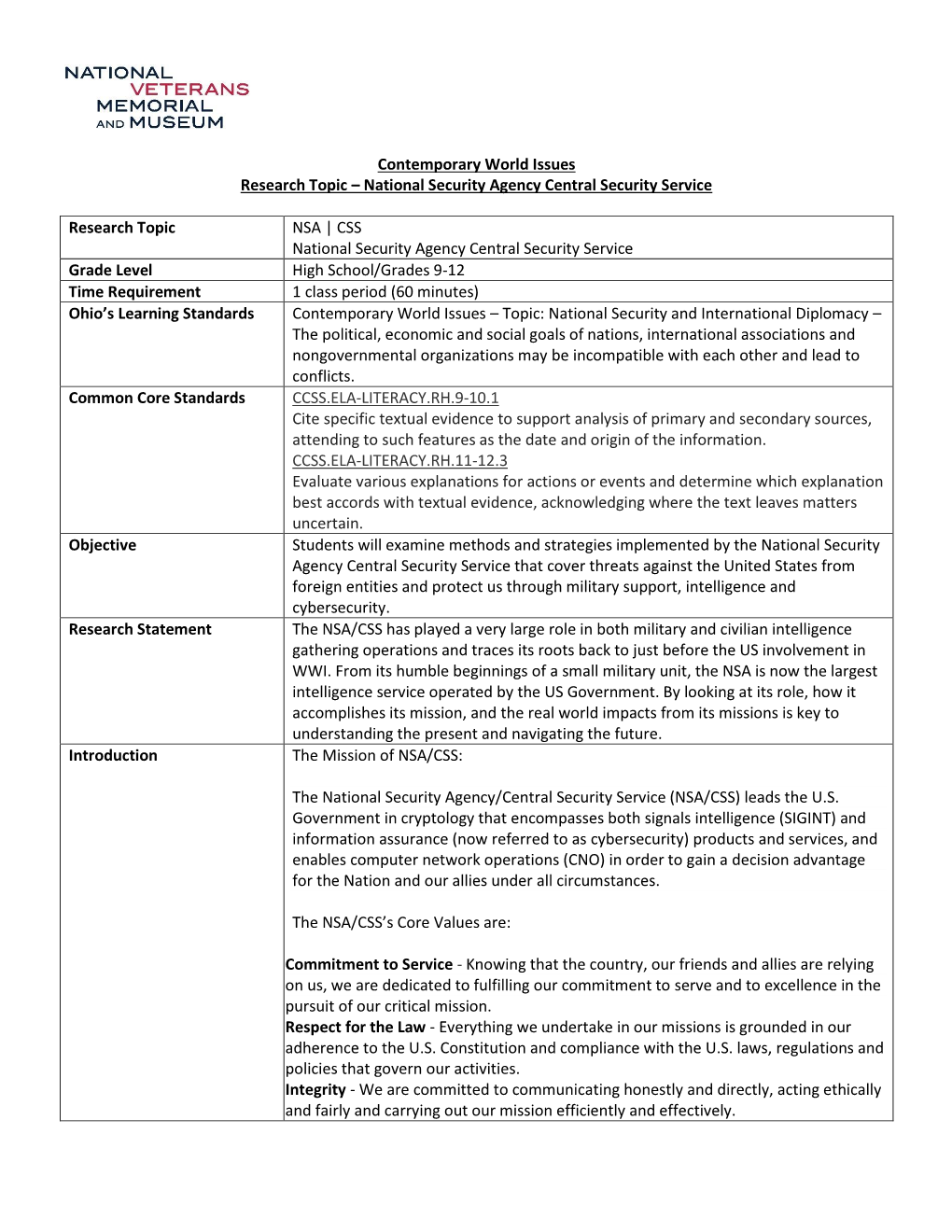 Contemporary World Issues Research Topic – National Security Agency Central Security Service