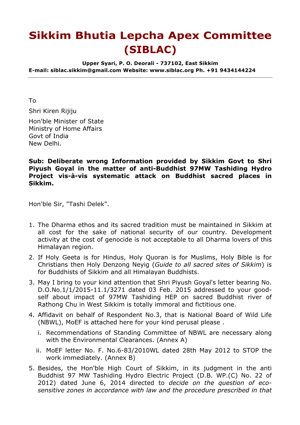 SIBLAC Letter to Kiren Rijiju