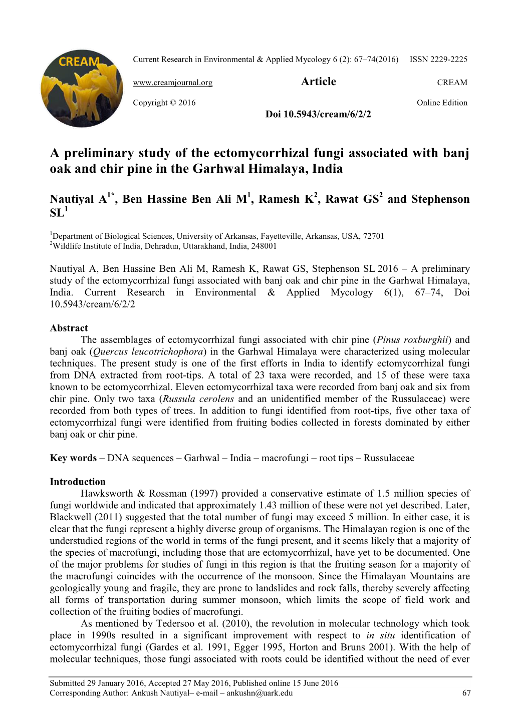 A Preliminary Study of the Ectomycorrhizal Fungi Associated with Banj Oak and Chir Pine in the Garhwal Himalaya, India