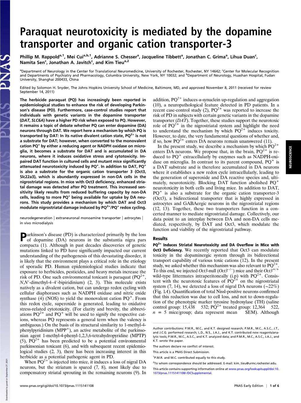 Paraquat Neurotoxicity Is Mediated by the Dopamine Transporter and Organic Cation Transporter-3