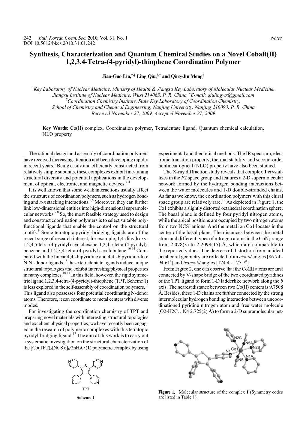 Synthesis, Characterization and Quantum Chemical Studies on a Novel Cobalt(II) 1,2,3,4-Tetra-(4-Pyridyl)-Thiophene Coordination Polymer