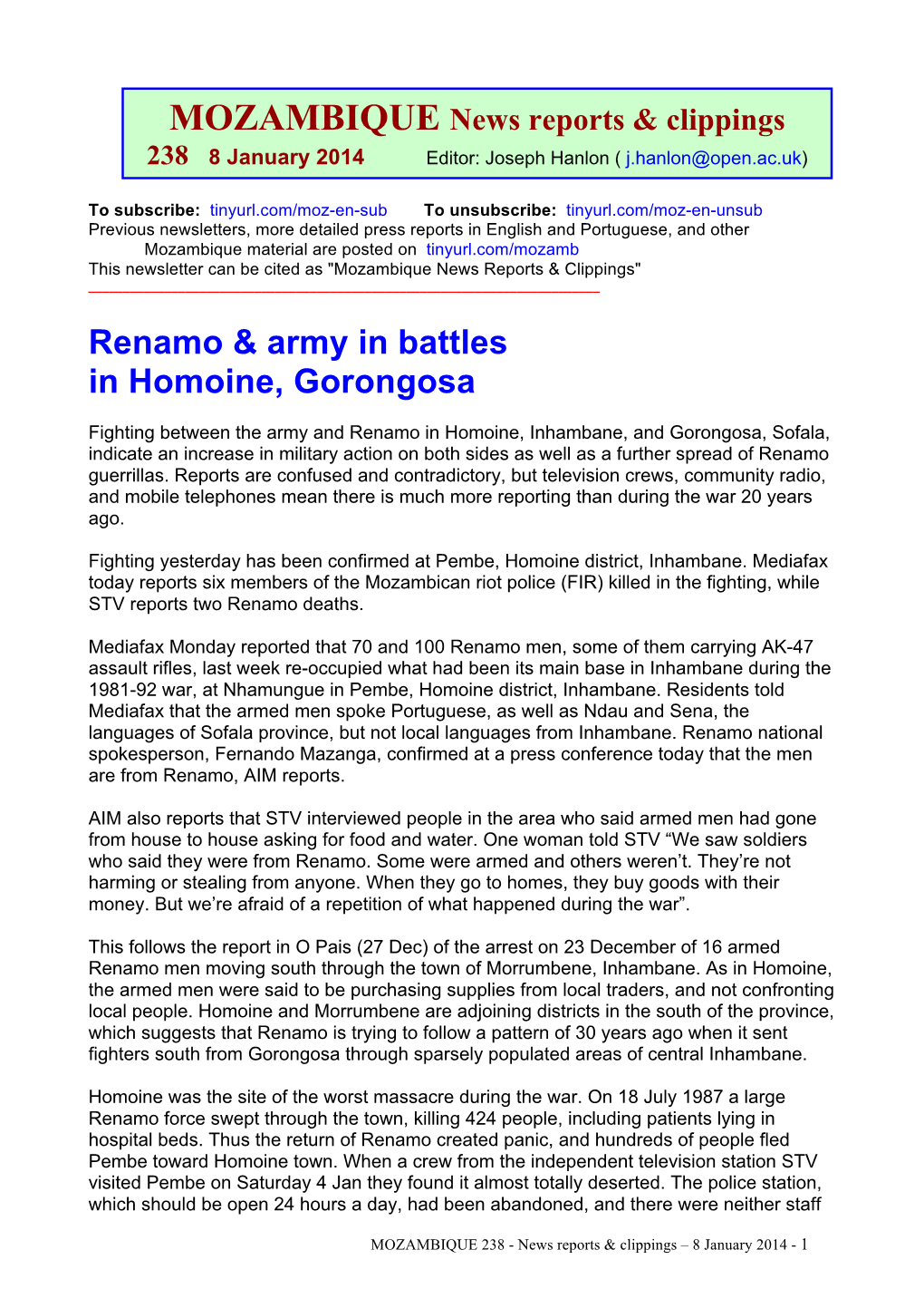 Renamo & Army in Battles in Homoine, Gorongosa