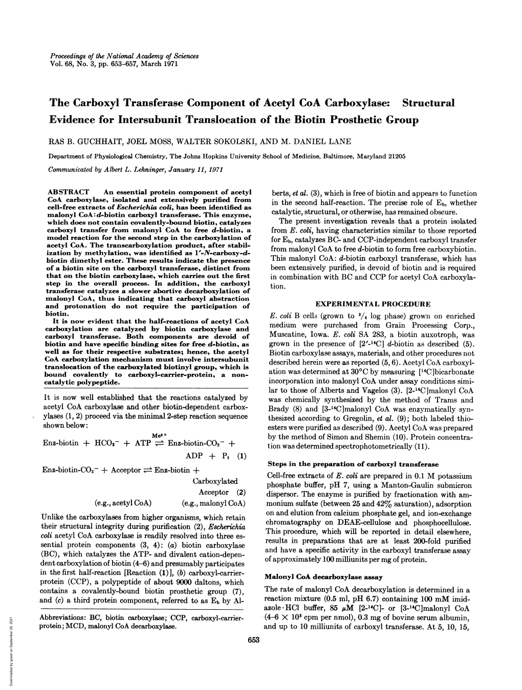 The Carboxyl Transferase Component of Acetyl Coa Carboxylase: Structural Evidence for Intersubunit Translocation of the Biotin Prosthetic Group