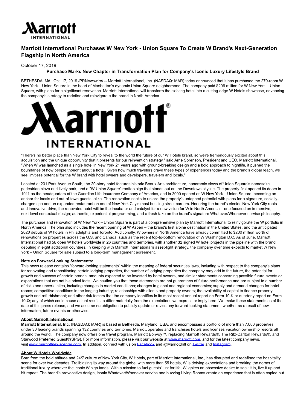 Marriott International Purchases W New York - Union Square to Create W Brand's Next-Generation Flagship in North America