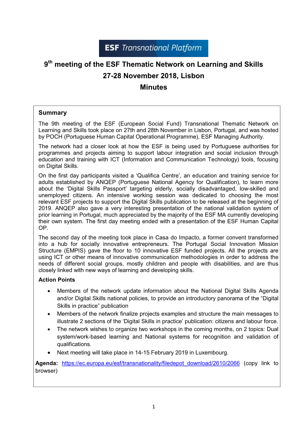 9 Meeting of the ESF Thematic Network on Learning and Skills 27