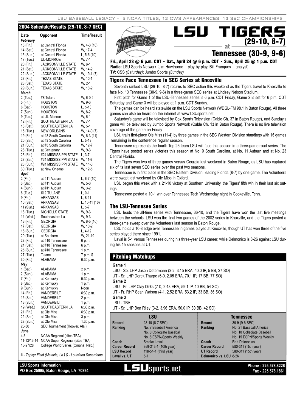 LSU Vs. Tenn. Game Notes 4.23.04.Qxd