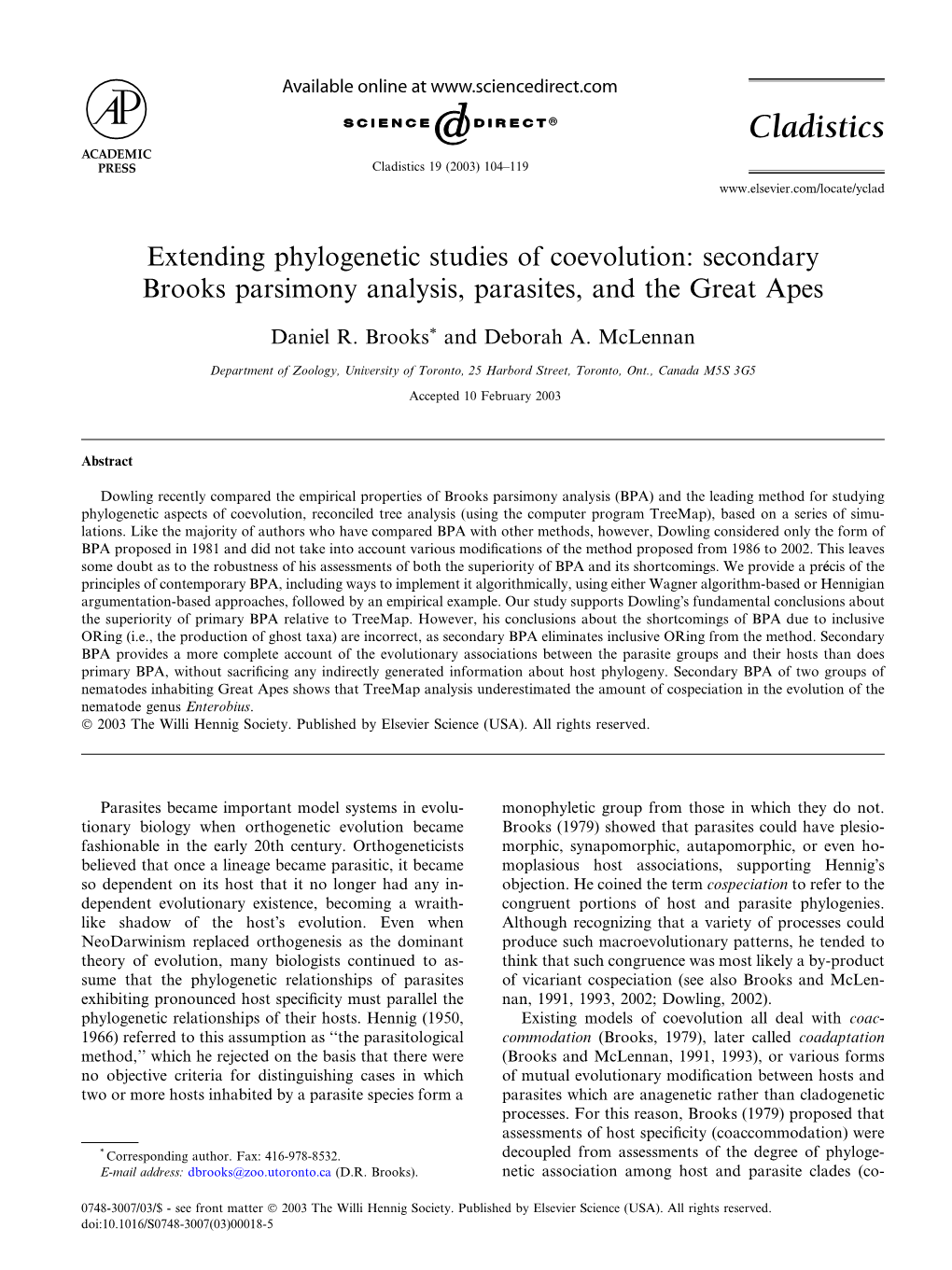 Extending Phylogenetic Studies of Coevolution: Secondary Brooks Parsimony Analysis, Parasites, and the Great Apes