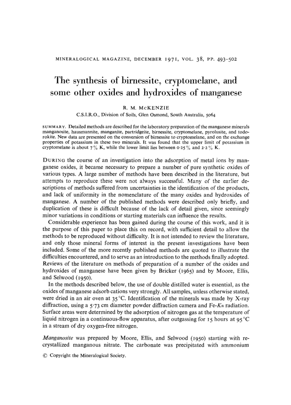 The Synthesis of Birnessite, Cryptomelane, and Some Other Oxides and Hydroxides of Manganese